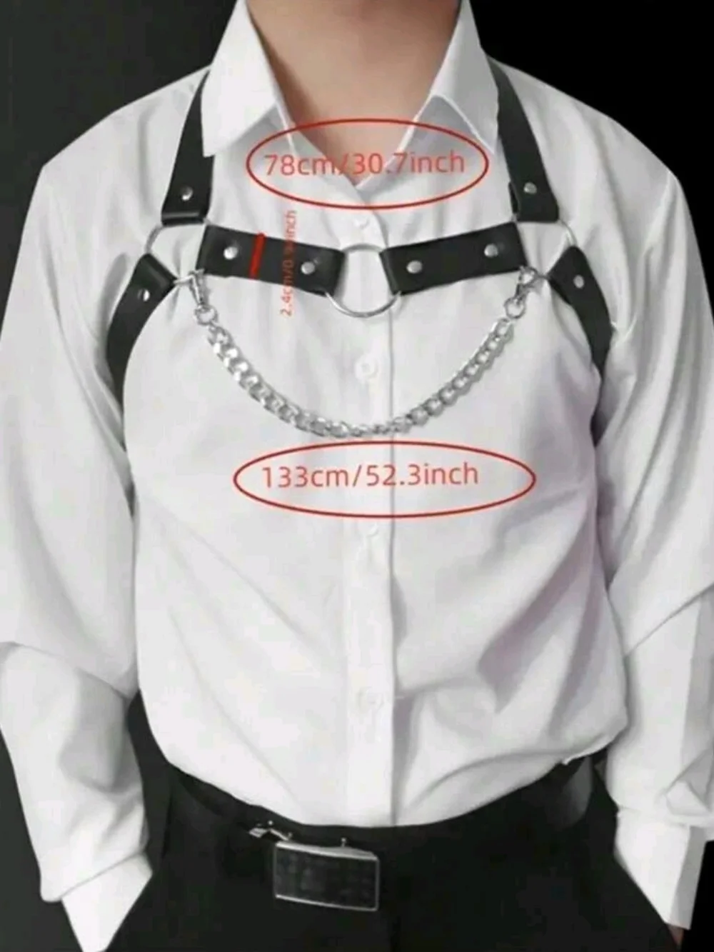 Men's Black Pu Leather Punk Style Chest Harness with Silver Chain
